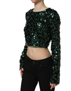 Green Sequined Long Sleeves Crop Blouse Top