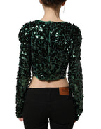 Green Sequined Long Sleeves Crop Blouse Top