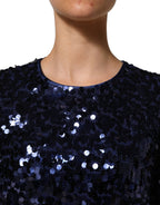 Blue Sequined Long Sleeves Crop Blouse Top