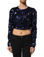 Blue Sequined Long Sleeves Crop Blouse Top