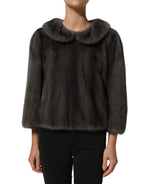 Dark Gray Mink Fur Round Collar Blouse Top