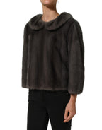 Dark Gray Mink Fur Round Collar Blouse Top
