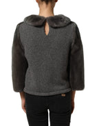 Dark Gray Mink Fur Round Collar Blouse Top