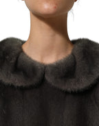 Dark Gray Mink Fur Round Collar Blouse Top