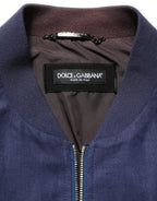 Blue Linen Full Zip Men Bomber Jacket