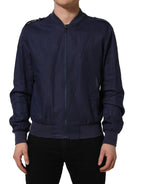 Blue Linen Full Zip Men Bomber Jacket