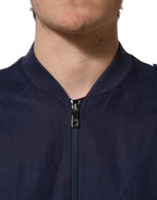 Blue Linen Full Zip Men Bomber Jacket