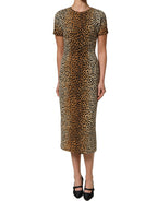 Brown Leopard Print Silk Sheath Midi Dress