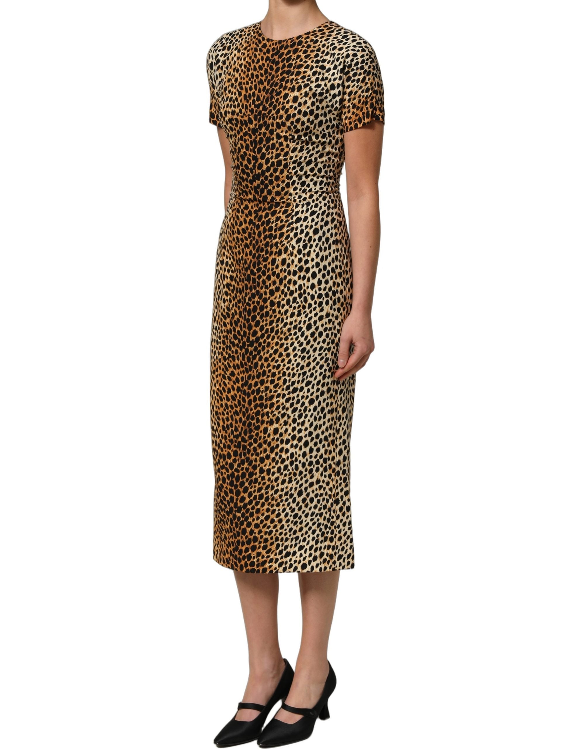 Brown Leopard Print Silk Sheath Midi Dress