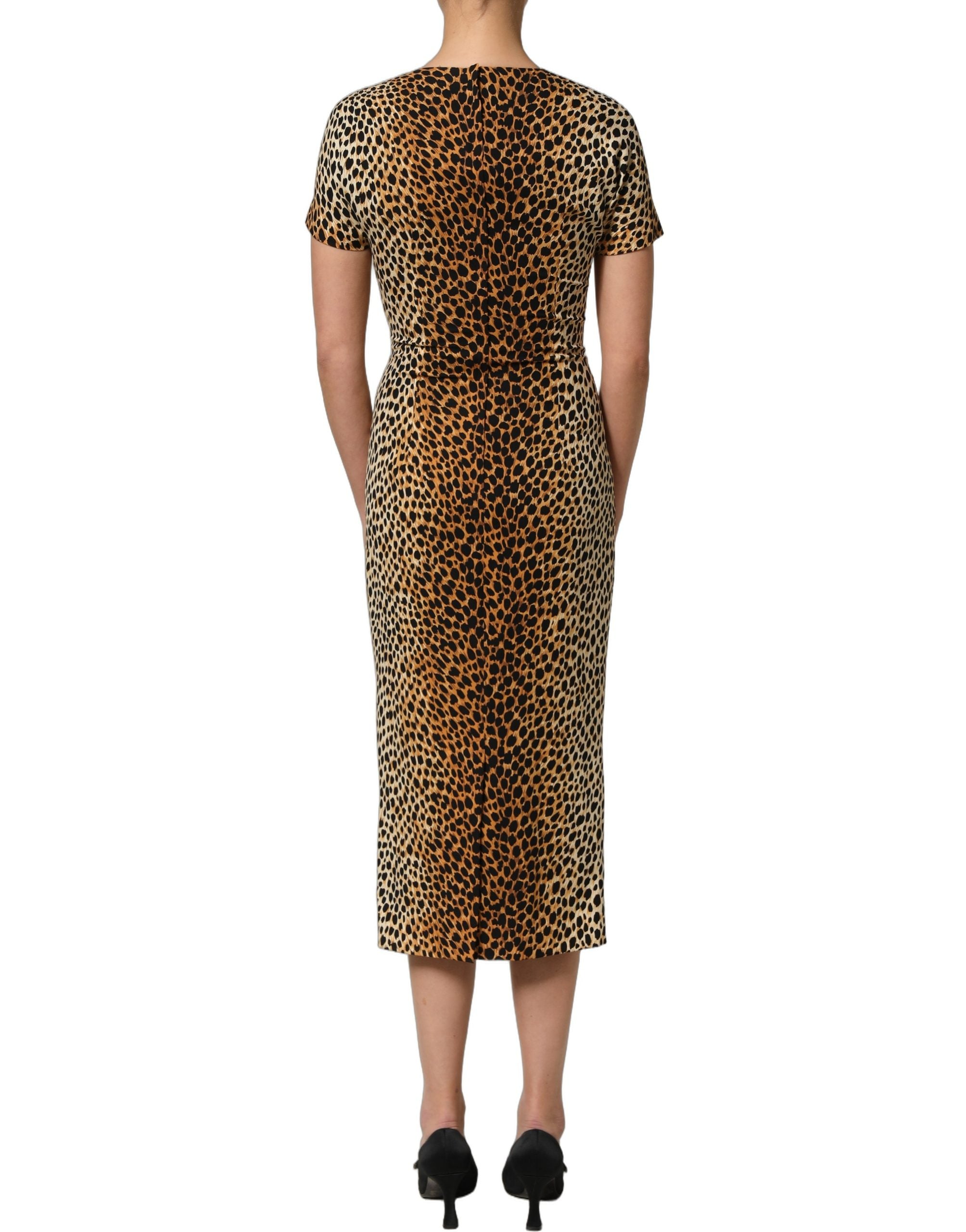 Brown Leopard Print Silk Sheath Midi Dress