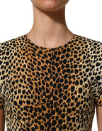 Brown Leopard Print Silk Sheath Midi Dress