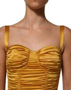 Gold Silk Ruched Bodycon Sheath Midi Dress