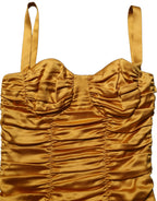 Gold Silk Ruched Bodycon Sheath Midi Dress