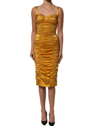Gold Silk Ruched Bodycon Sheath Midi Dress