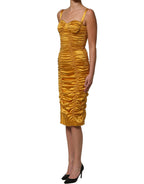 Gold Silk Ruched Bodycon Sheath Midi Dress