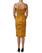 Gold Silk Ruched Bodycon Sheath Midi Dress