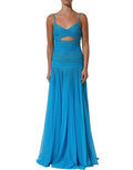 Blue Nylon Pleated Chiffon CutOut Gown Dress