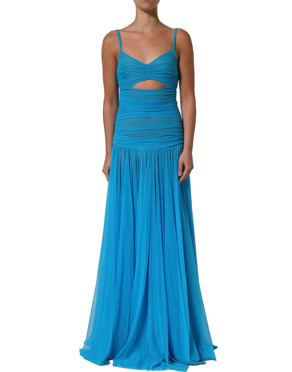 Blue Nylon Pleated Chiffon CutOut Gown Dress
