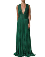 Metallic Green Sleeveless Plissé Gown Dress