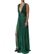 Metallic Green Sleeveless Plissé Gown Dress