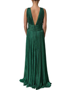 Metallic Green Sleeveless Plissé Gown Dress