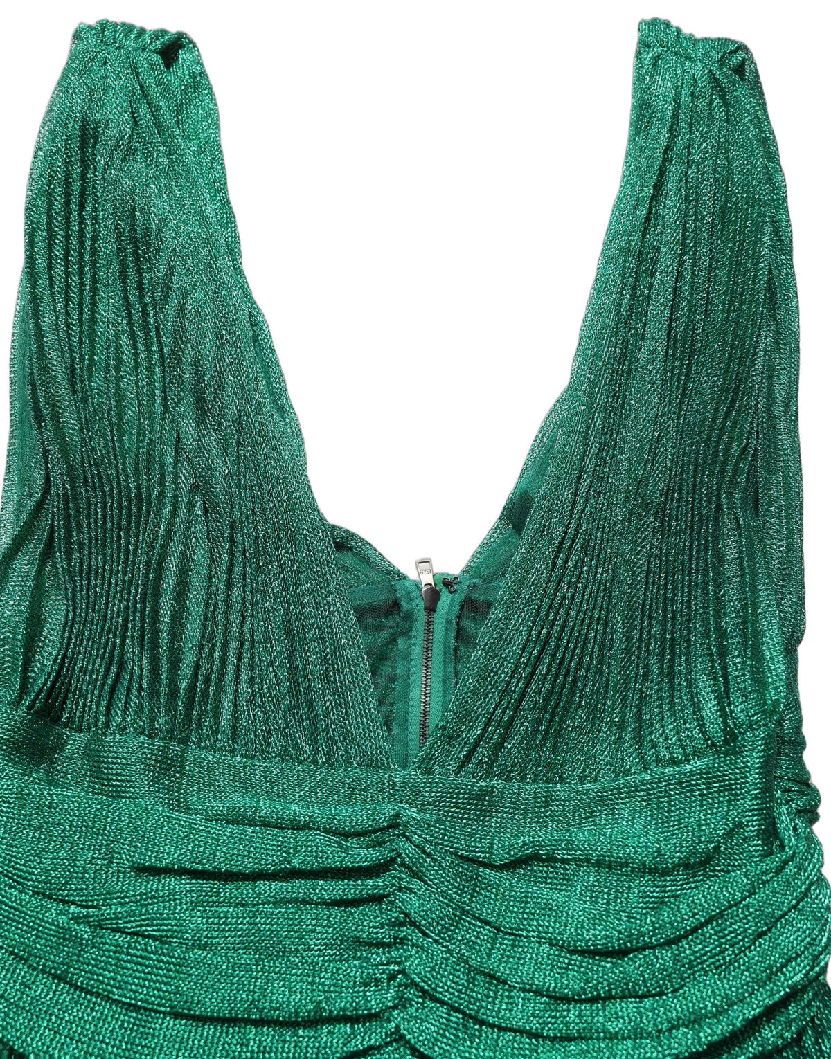 Metallic Green Sleeveless Plissé Gown Dress