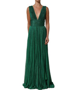 Metallic Green Sleeveless Plissé Gown Dress