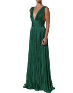 Metallic Green Sleeveless Plissé Gown Dress