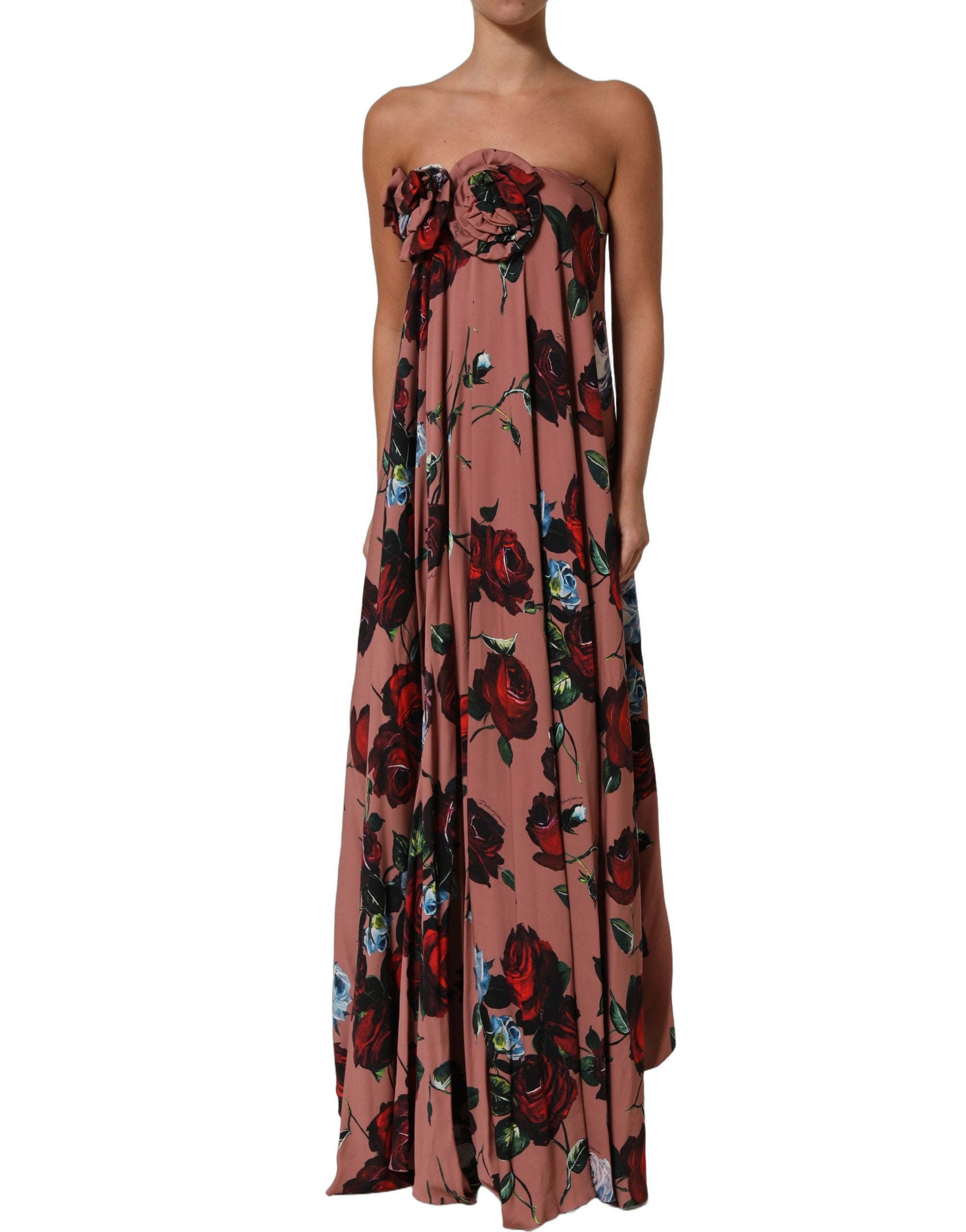 Dusty Pink Silk Floral Strapless Maxi Dress