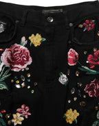 Black Floral Cotton High Waist Tapered Pants