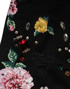 Black Floral Cotton High Waist Tapered Pants