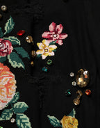 Black Floral Cotton High Waist Tapered Pants