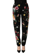 Black Floral Cotton High Waist Tapered Pants