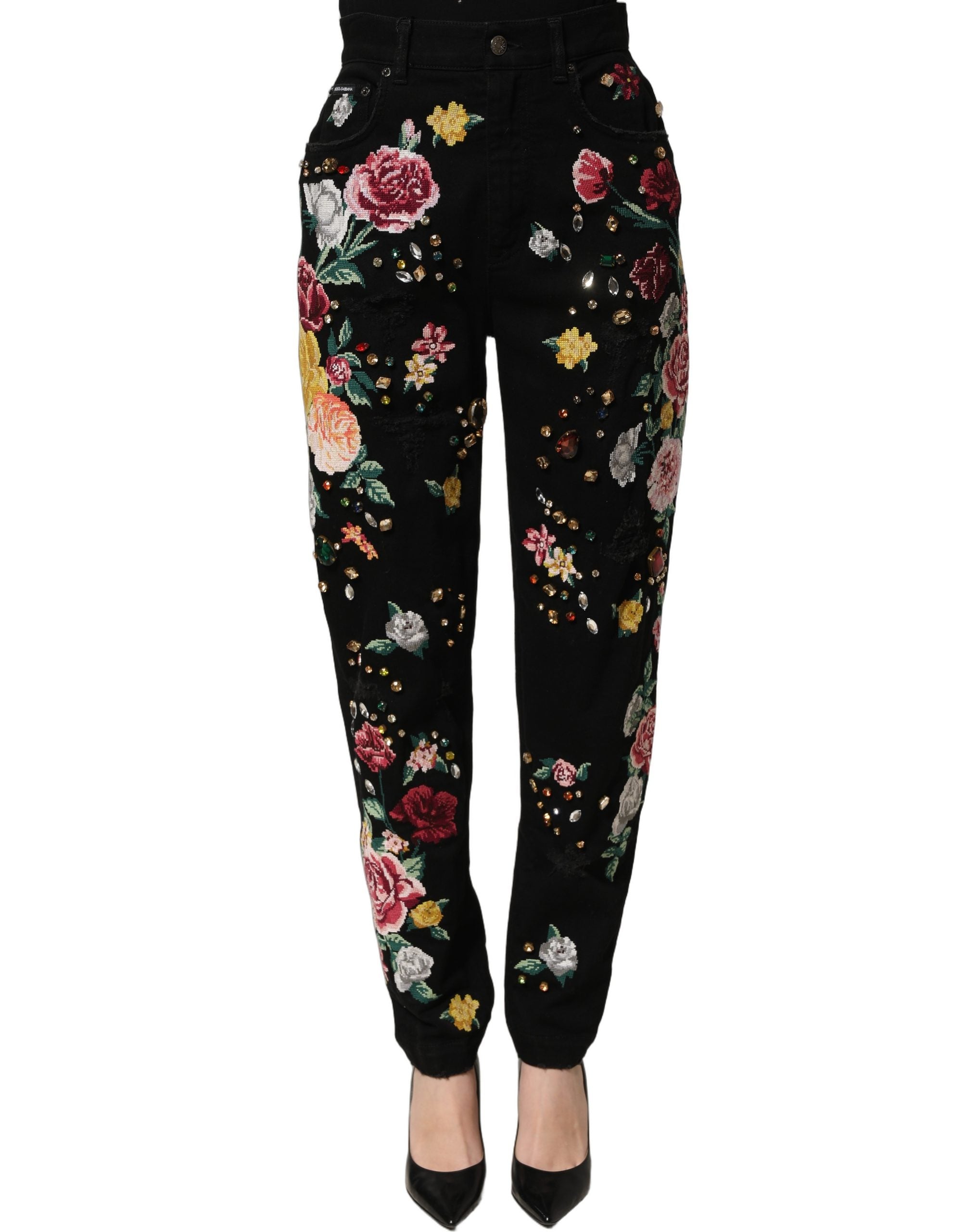Black Floral Cotton High Waist Tapered Pants