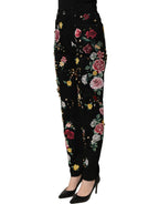Black Floral Cotton High Waist Tapered Pants