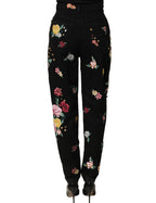 Black Floral Cotton High Waist Tapered Pants