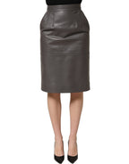 Gray Leather High Waist Pencil Cut Midi Skirt
