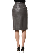 Gray Leather High Waist Pencil Cut Midi Skirt