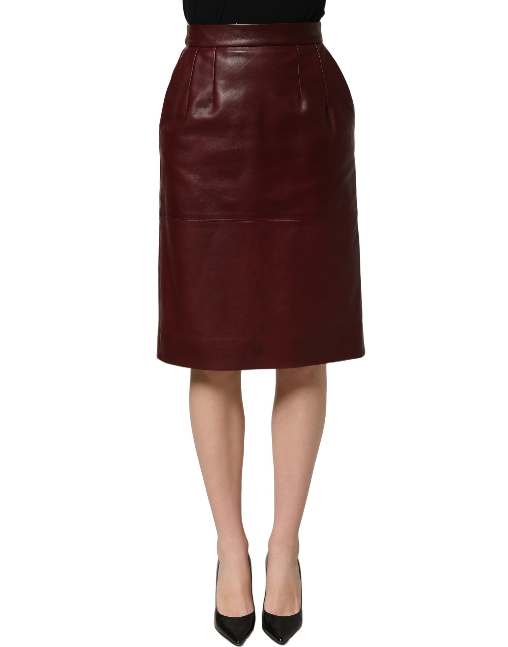 Burgundy Leather High Waist Pencil Midi Skirt