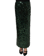 Green Sequin High Waist Pencil Cut Midi Skirt