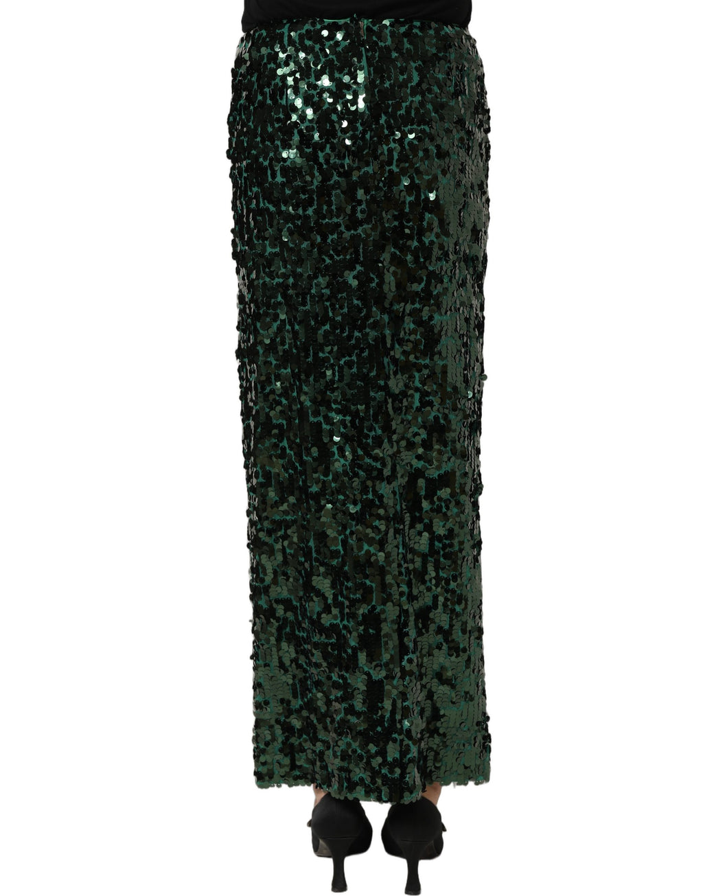 Green Sequin High Waist Pencil Cut Midi Skirt