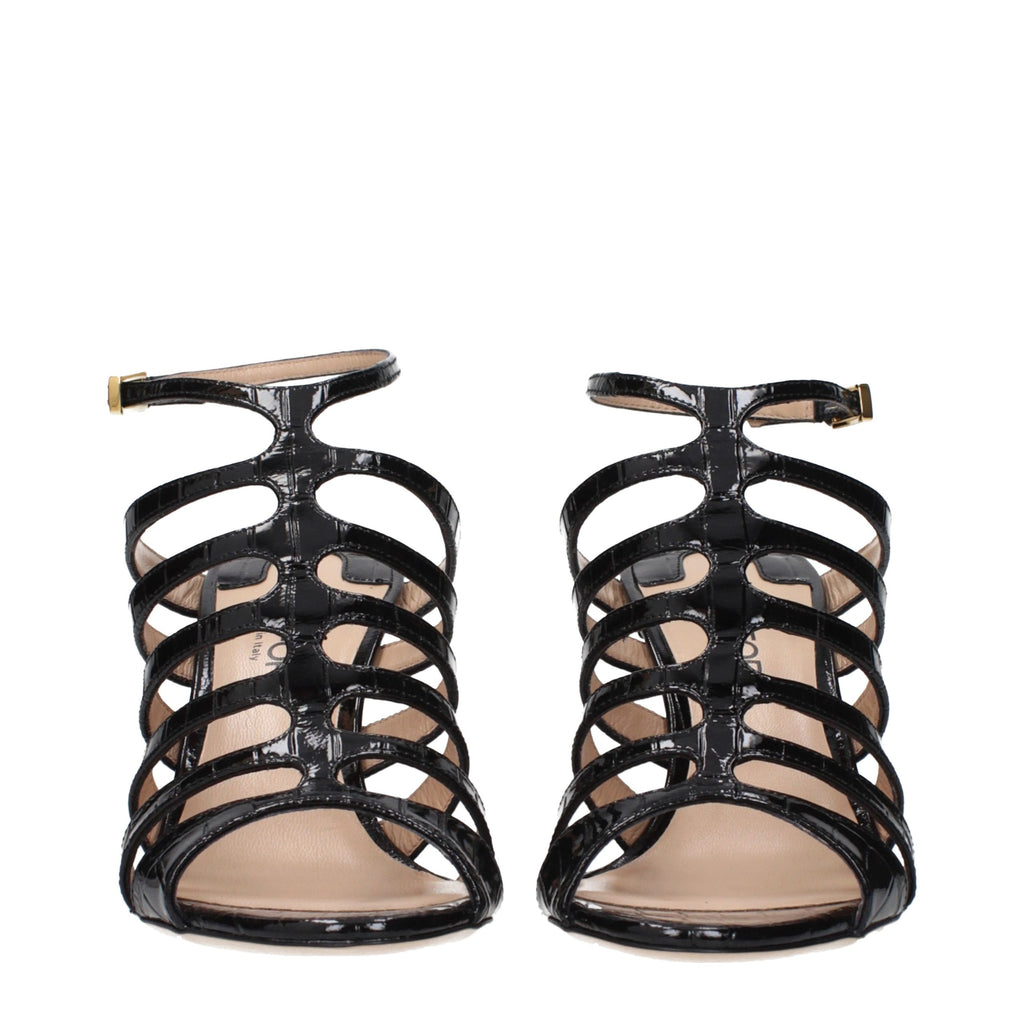 Black Leather Stiletto Heel Sandals