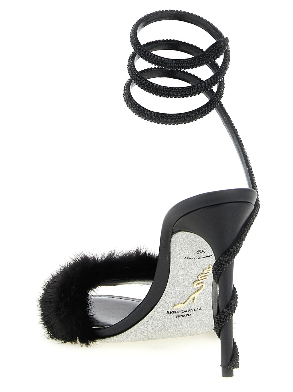 Black Leather Stiletto Heel Sandals