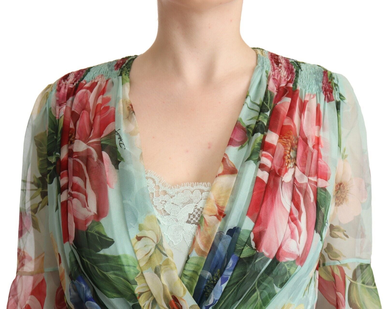 Green Floral Long Sleeves V-neck Midi Dress