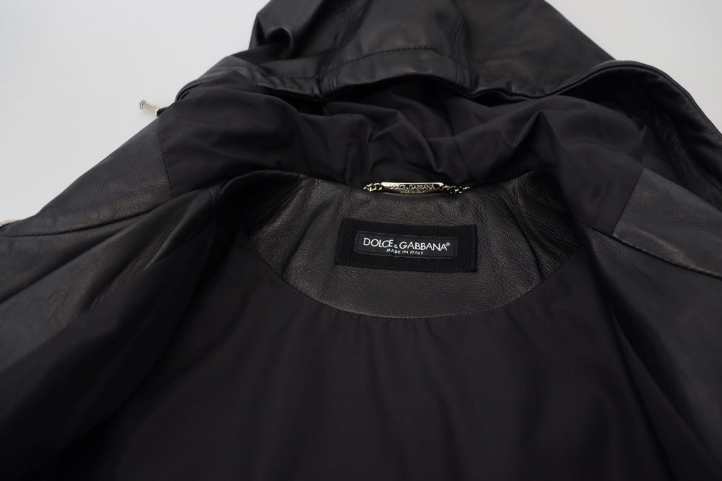 Black Leather Hooded Blouson Coat Jacket
