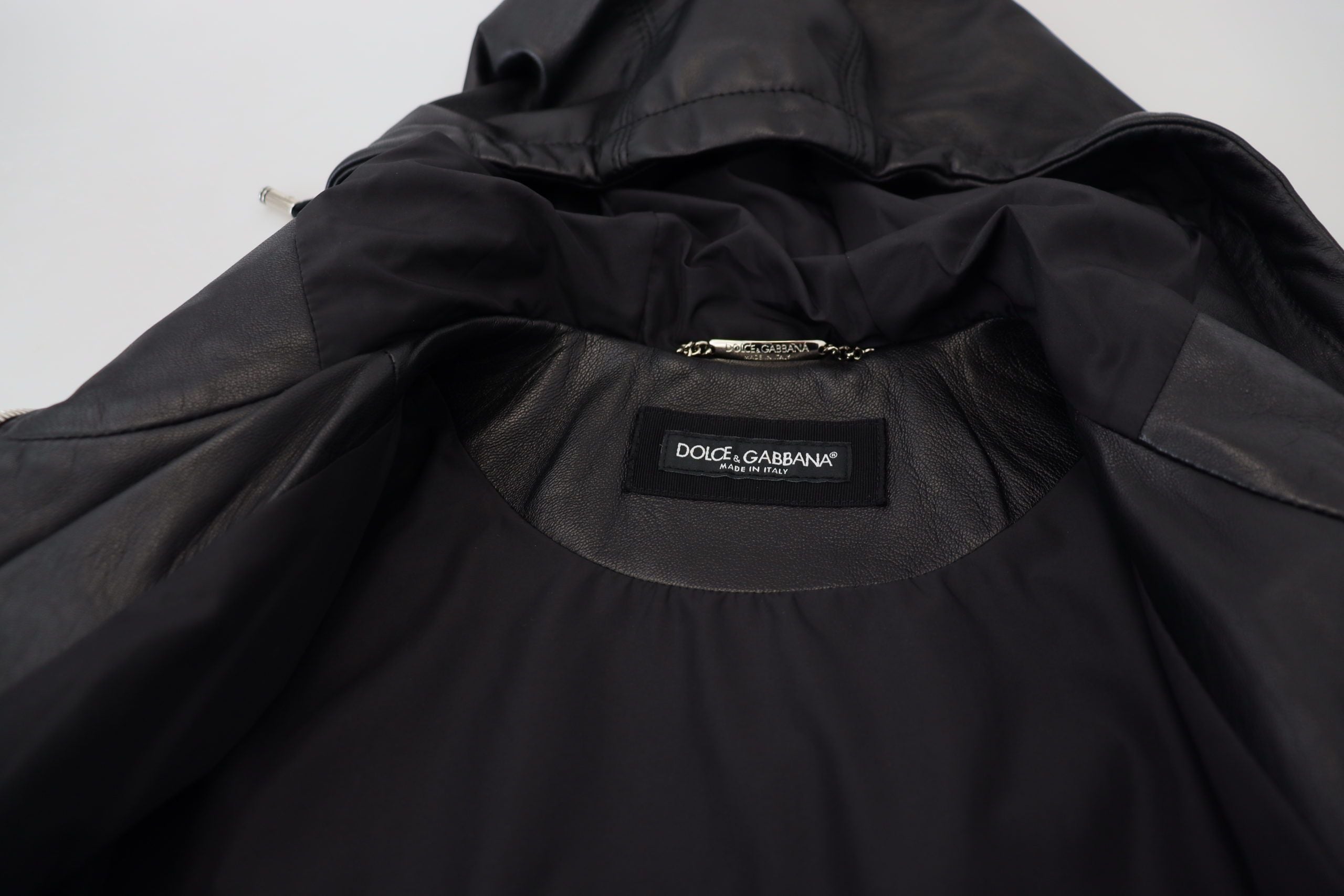 Black Leather Hooded Blouson Coat Jacket