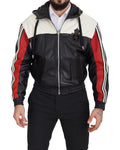 Black Leather Hooded Blouson Coat Jacket