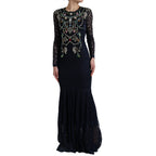 Blue Crystal Floral Lace Long Gown Dress