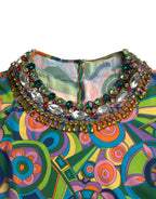 Multicolor Geometric Print Silk Crystals Midi Dress