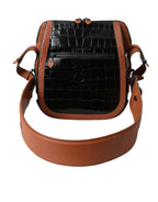 Black Brown Exotic Skin Leather Vertical Crossbody Purse Bag